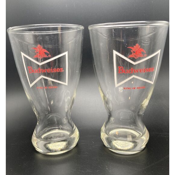 Set of 2 Vintage Budweiser 6" Clear Glass Pilsner Bowtie Logo Beer Glasses - Picture 1 of 8